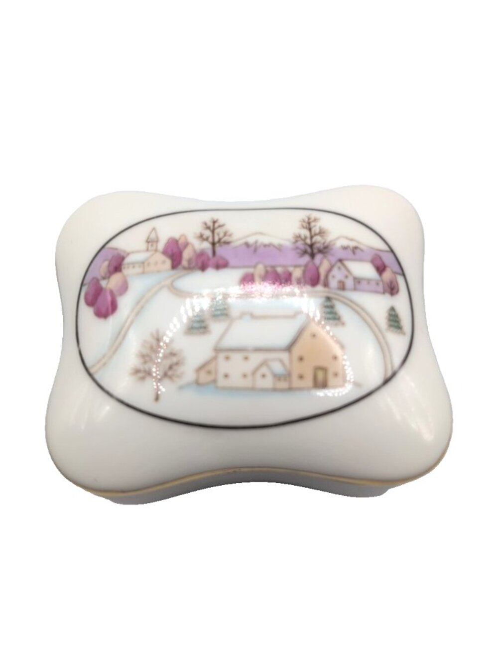 Vintage Japan Porcelain Lidded Trinket Box 2.75x2.25x1.5" White + Winter Scene